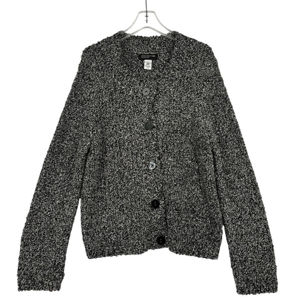 Jones New York Wool Blend Boucle Cardigan Button Front Black Gray Size XL